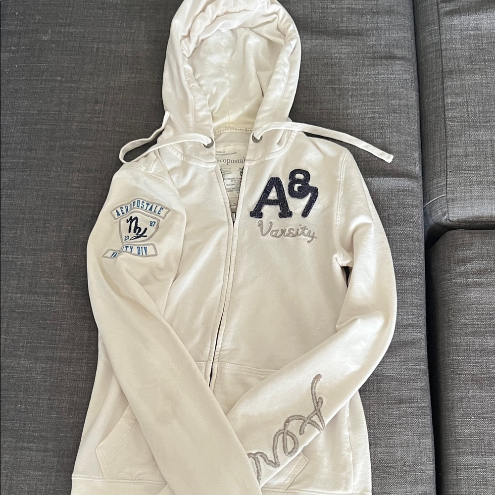 Aeropostale Cream Hoodie with Navy Patch Details